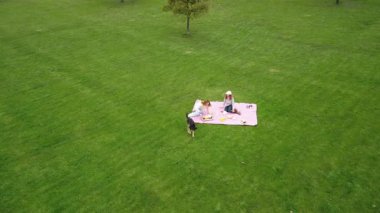 İki kadın ve köpek açık hava pikniğine hazırlanıyor.