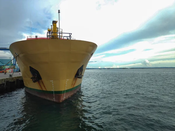 The bow of A cargo vessel. The vessel is mooring at Sorong Harbour