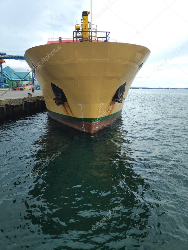 The bow of A cargo vessel. The vessel is mooring at Sorong Harbour
