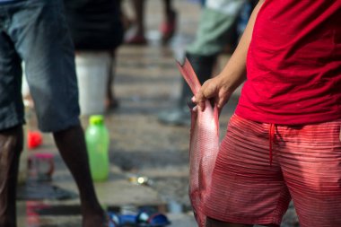 Çeşitli balıklar yerel balık pazarında satılıyor.