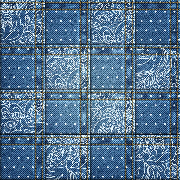 Fond en denim avec motif floral orné sans couture. Patchwork de tissu denim — Image vectorielle