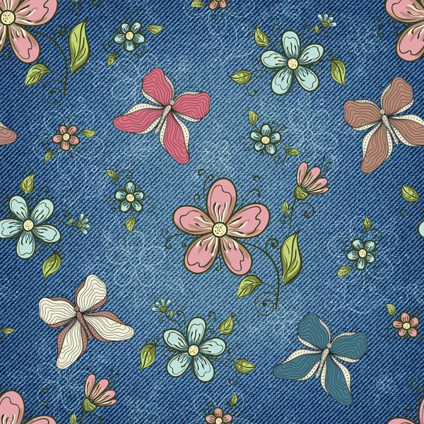 Denim achtergrond met sierlijke bloemmotief — Stockvector