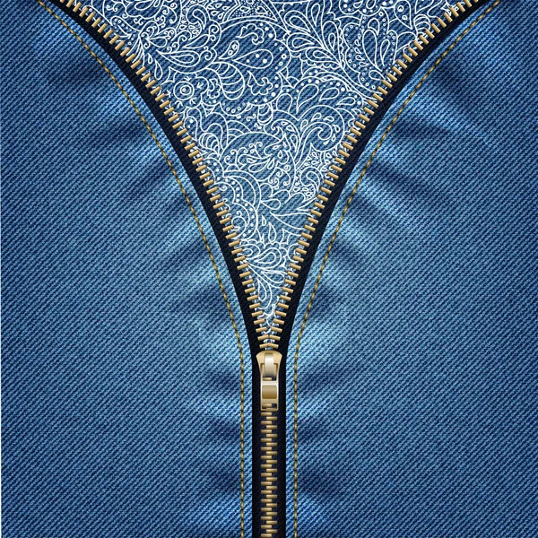 Jeanshintergrund mit offenem Reißverschluss und floralem Muster — Stockvektor