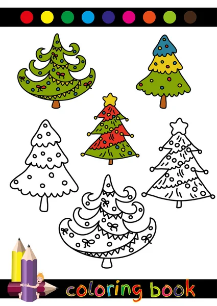 Libro o pagina da colorare Illustrazione del fumetto dell'albero di Natale divertente per i bambini — Vettoriale Stock