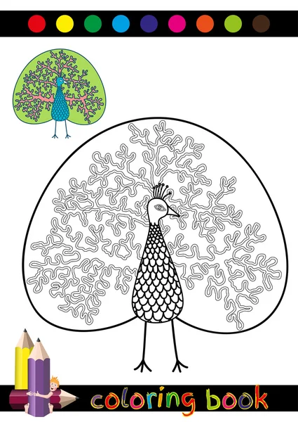 Libro da colorare o pagina Cartoon Illustrazione di pavone divertente per bambini — Vettoriale Stock
