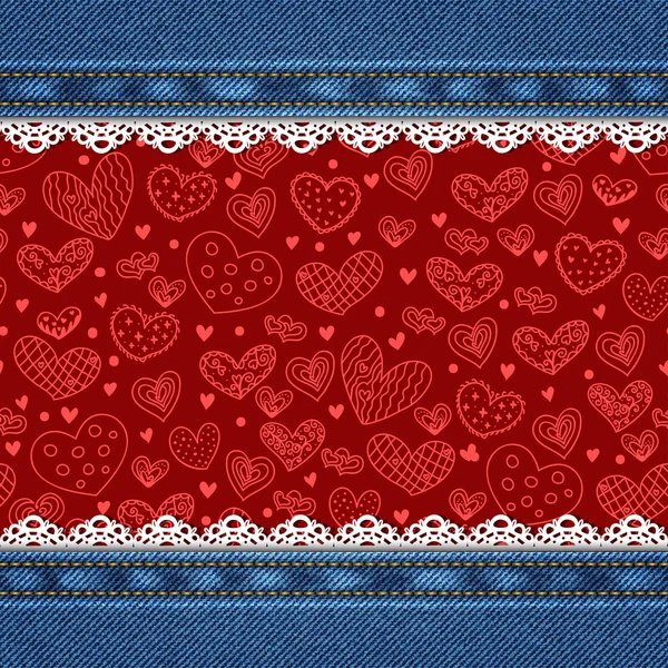 Открытка на День Святого Валентина. Джинсовый фон с рисунком сердца . — стоковый вектор