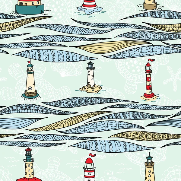 Sea seamless with lighthouses — Stock Vector