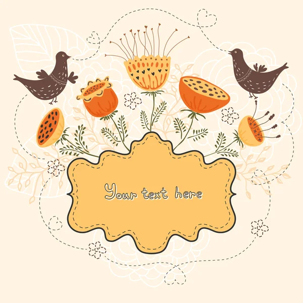 Greeting card with flowers and birds and place for your text — Stock Vector