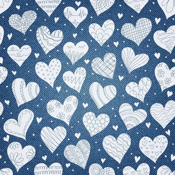 Denim background with hearts pattern. — Stock Vector