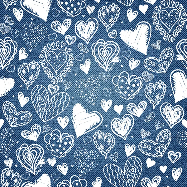 Denim background with hearts pattern. — Stock Vector