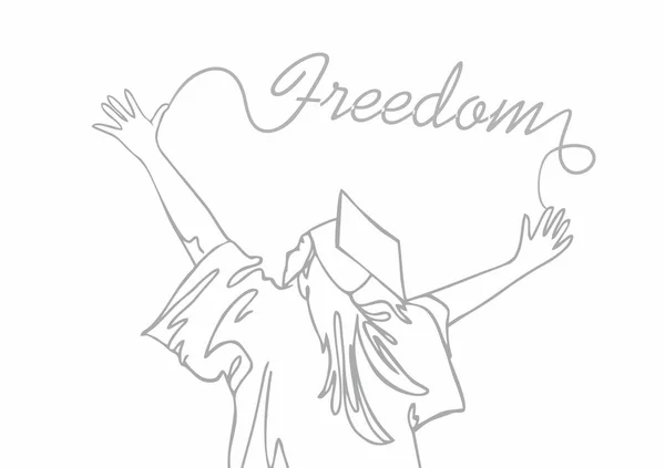 Continuous Drawing Graduating Female Student Raised Arms Word Freedom Vector — Archivo Imágenes Vectoriales