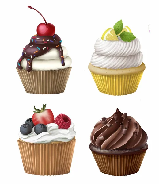 Tipos Deliciosos Cupcakes Desenhados Com Creme Bagas — Fotografia de Stock