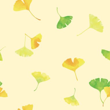 Ginkgo yaprakları dans ediyor. Suluboya çizimi pürüzsüz, sürekli desen (sarı arkaplan)