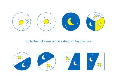Morning, day and night, morning and night image illustration, icon set 8 types (line drawing, blue) clipart