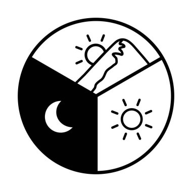 Sabah, gece ve gündüz 24 saati ifade eden bir illüstrasyon. Çemberi üç eşit parçaya böl (çizgi çizimi, siyah)