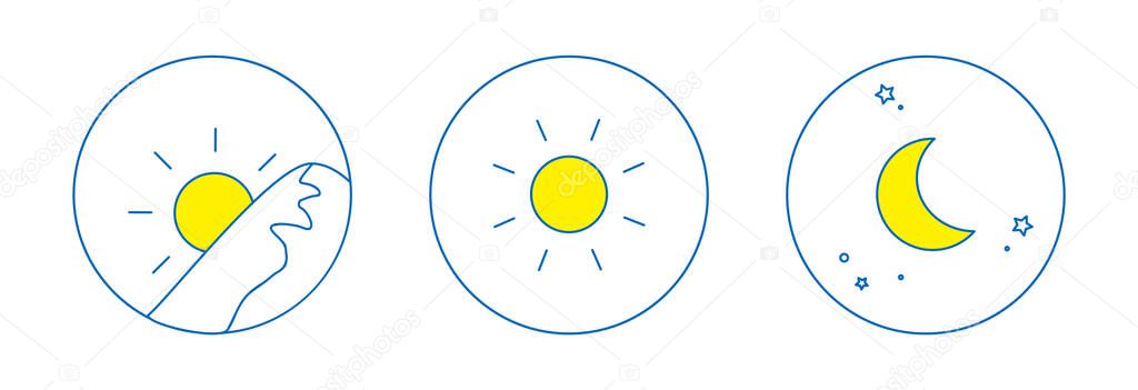 Morning, noon, night image illustration, round icon set 3 types (line drawing, blue)