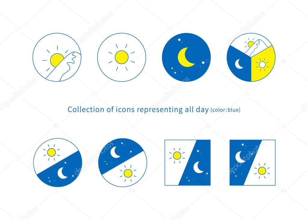 Morning, day and night, morning and night image illustration, icon set 8 types (line drawing, blue)
