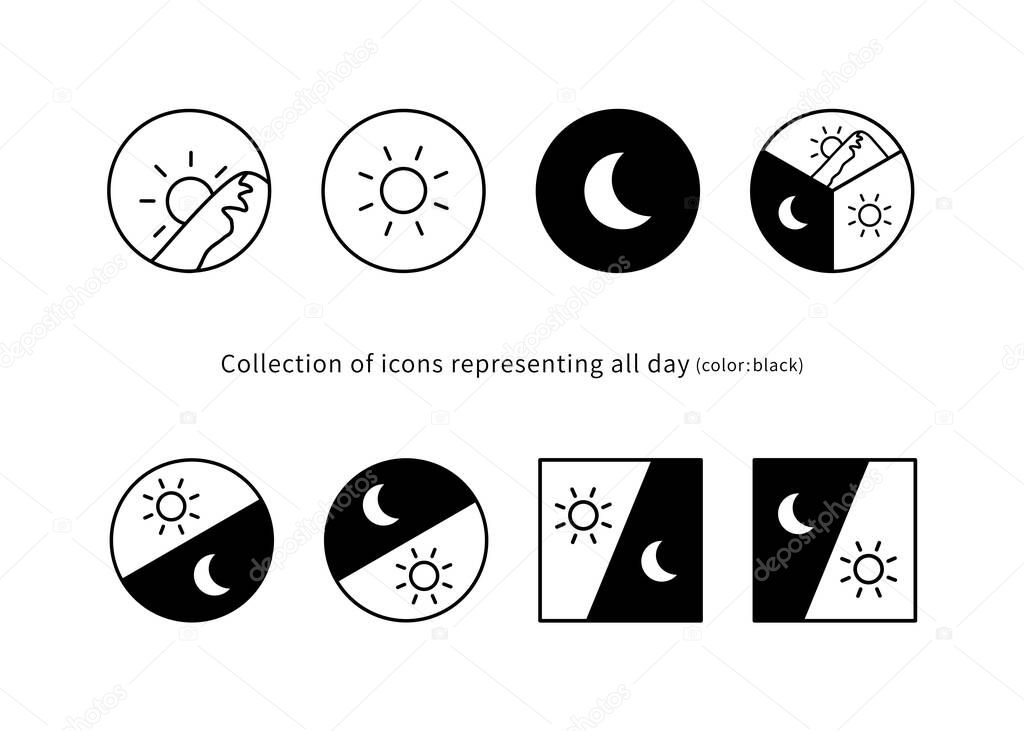 Morning, day and night illustrations, 8 types of icon collections (line drawing, black)