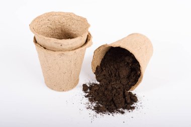 Beyaz arka planda izole edilmiş turba tenceresi. Tohum hazırlama