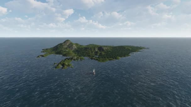 海の真ん中にある緑の島 セーリングボートが近づいてくる — ストック動画