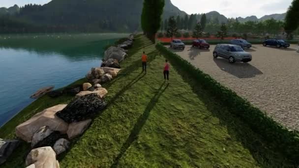 Пара Бігунів Біжить Спортивному Базовому Таборі Оточеному Красивим Озером Пагорбами — стокове відео