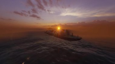 Dalgalı Deniz 'deki Kargo Gemisi Güzel Gün Batımına Karşı