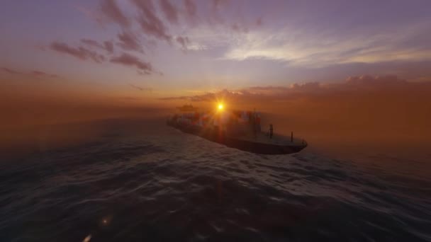Φορτηγό Πλοίο Σκληρή Θάλασσα Κατά Όμορφο Ηλιοβασίλεμα — Αρχείο Βίντεο