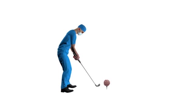 Doktor Bít Coronavirus Golfovou Holí Proti Bílé — Stock video