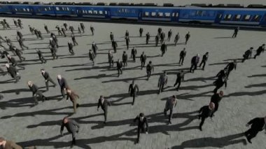 Commuters off to work, camera rising