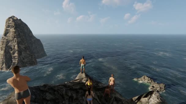 悬崖上的潜水员站在悬崖边 凝视着大海 俯瞰前方 — 图库视频影像