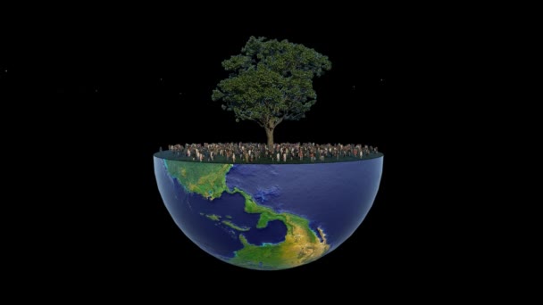 Экологическая Концепция Люди Застрявшие Старым Дубом Земном Полушарии Альфа Канал — стоковое видео