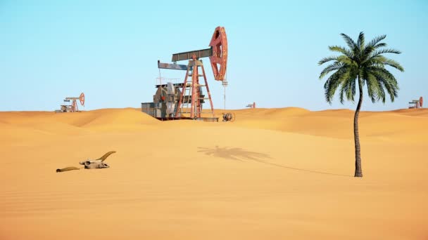 阿拉伯沙漠中头牛和棕榈树的油杰克水泵 — 图库视频影像