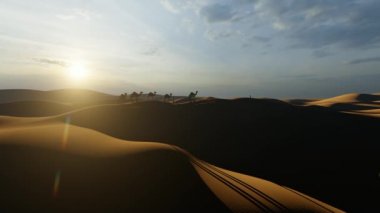 Arab man walks toward his camels in the desert with dunes and bright sun