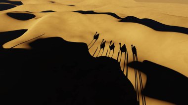 Çöldeki kum tepelerinde uzun deve siluetleri
