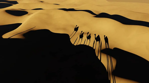 Çöldeki kum tepelerinde uzun deve siluetleri