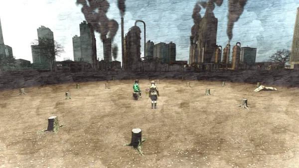 Kirlenmiş bir şehre bakan kızlar