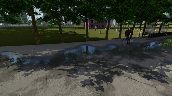 Okula bisikletle giden bir genç.