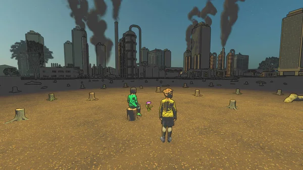 Zanieczyszczone Miasto Dziewczyny Patrząc Widok Nadzieją Kwestie Środowiskowe Styl Kreskówki — Zdjęcie stockowe