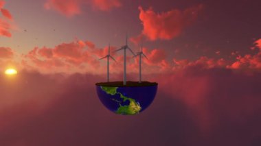 Açık Deniz Yel Değirmenleri Dünya 'da Uçan Güvercinlerle Gün batımında Bulutların Üzerinde