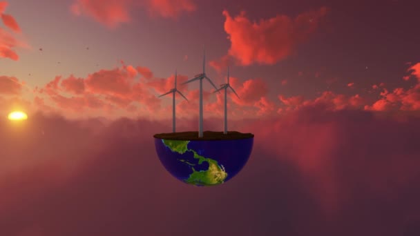 Offshore Windmills Earth Hemisphere Flying Pigeons Clouds Sunset — Vídeos de Stock