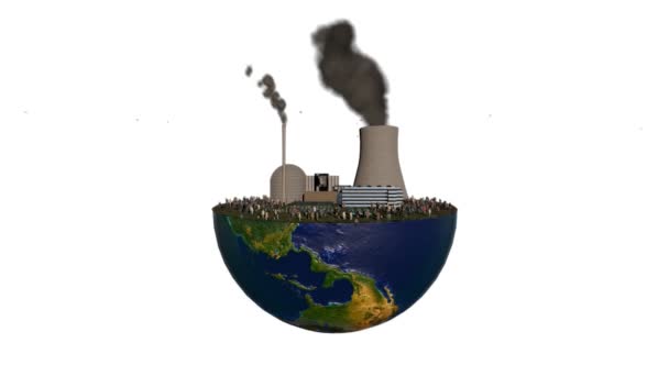 地球球保持汚染工場と人々 白の背景 — ストック動画