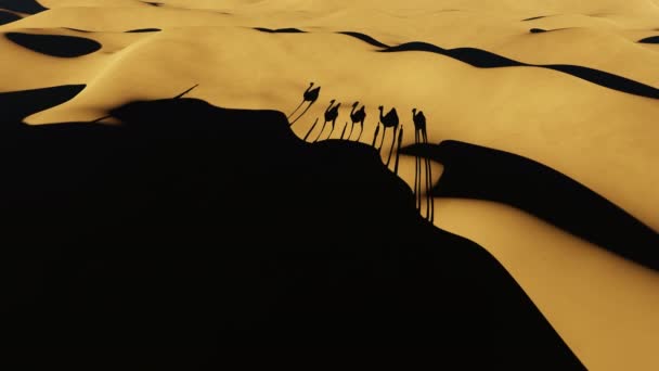 Lunga Silhouette Cammelli Una Carovana Tra Dune Del Deserto Uomo — Video Stock