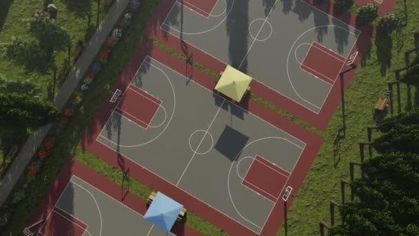 Баскетбольные Площадки Спортивный Лагерь Рядом Озером Высокий Вид — стоковое видео