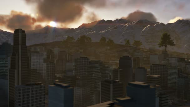 Città e montagne al tramonto — Video Stock