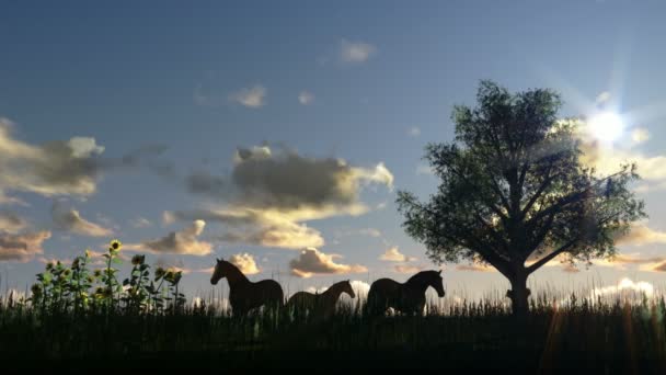 Baum auf Weide und Pferden