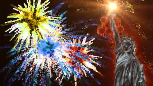 Statue of Liberty and fireworks — Stockvideo