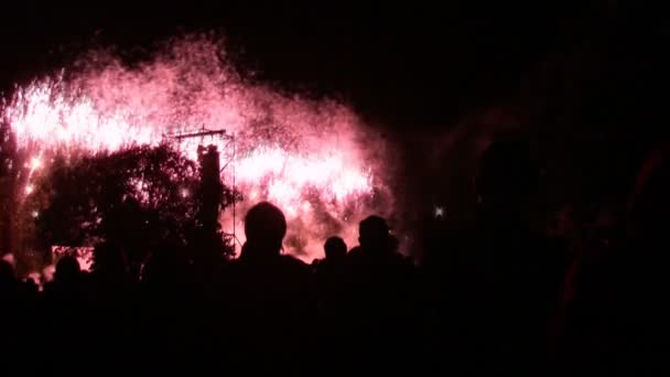 Fuegos artificiales y siluetas de personas — Vídeo de stock