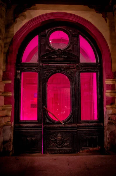 old vintage door with light, photo at night