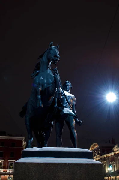 Monument Homme Cheval Photo Nuit — Photo