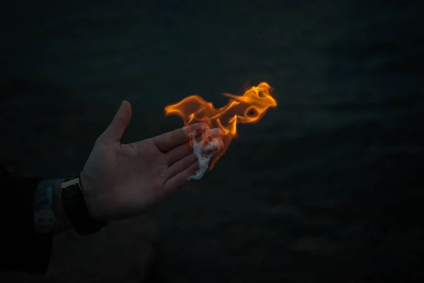 Hand Fire Background Sunset — Stock Photo, Image